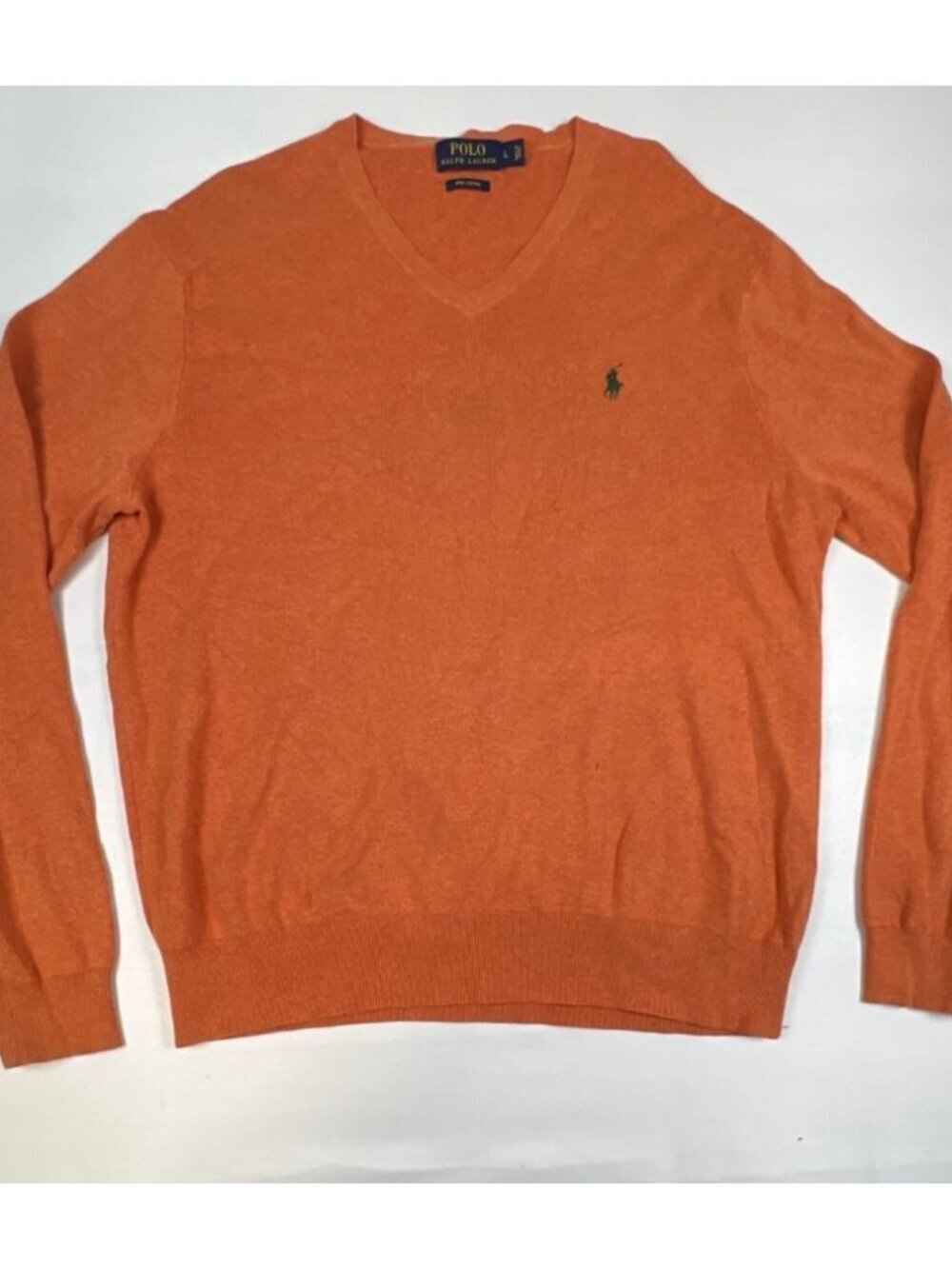 Polo Ralph Lauren Men Large Orange Pima Cotton V-Neck Lightweight Knit Sweater